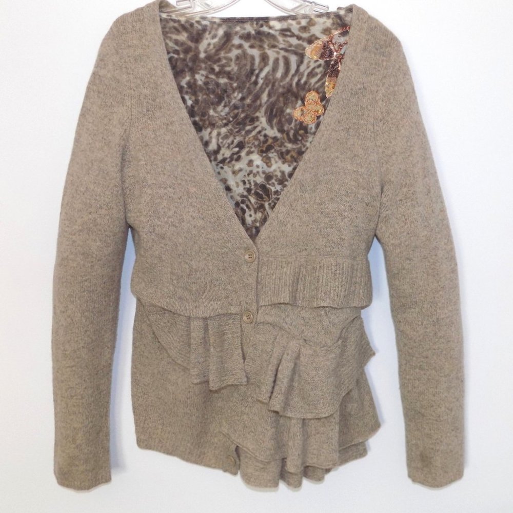 Anthropologie V-neck cardigan M Light brown Ruffles Wool blend Tiers Sweater
